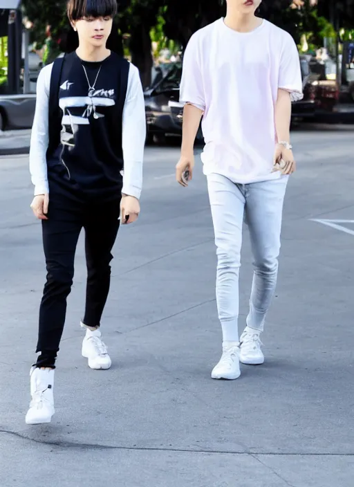 Image similar to photo of PARK JIMIN walking in LA with his boyfriend YOONGI
