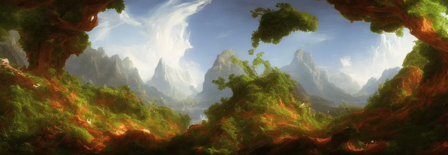 Image similar to alien exoplanet : landscape : flora and fauna : thomas cole