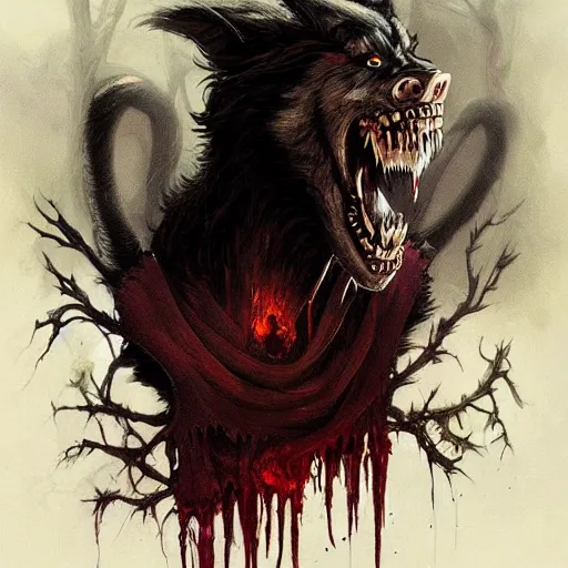 Image similar to Dark Fantasy Painting of a werewolf with blood dripping from its mouth, creepy, unsettling, horror, upper body, intricate, wild, highly detailed, digital painting, artstation, concept art, smooth, sharp focus, illustration, art by artgerm and greg rutkowski and alphonse mucha