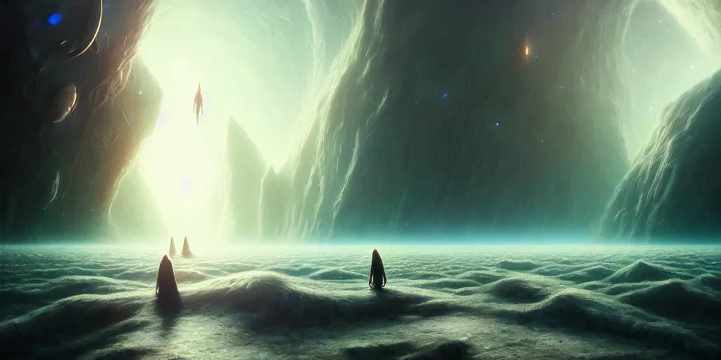 Prompt: realistic scene of being lost in time and space, floating thru dimensions, time and space crashing, greg rutkowski, seb mckinnon, matte painting, delicate, mysterious, hyper realism, ultra realistic, 8 k