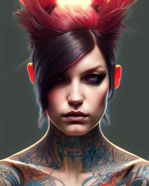 Image similar to beautiful female punk, portrait, cyberpunk, symmetry, ultra detailed, elegant, intricate, dynamic lighting, hyperrealism, digital art, digital painting, artstation, wlop, sharp focus, illustration, art by artgerm and greg rutkowski and alphonse mucha, 8 k