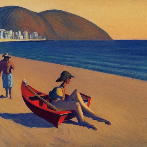 Prompt: a beach in rio de janeiro, characters in a boat, by edward hopper, award winning, cinematic