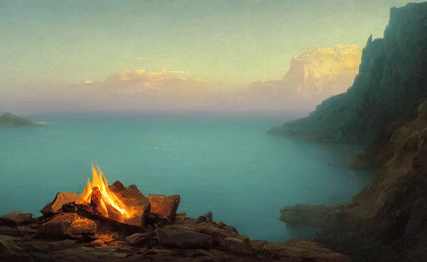 Image similar to small campfire on a hill overlooking the ocean, close up shot, at dusk, distant mountains, 4k, rule of thirds, extreme detail, hazy water, intricate ink illustration, trending on artstation, cgsociety, hd, calm, complimentary colours, realistic lighting, by Albert Bierstadt, Frederic Edwin Church.