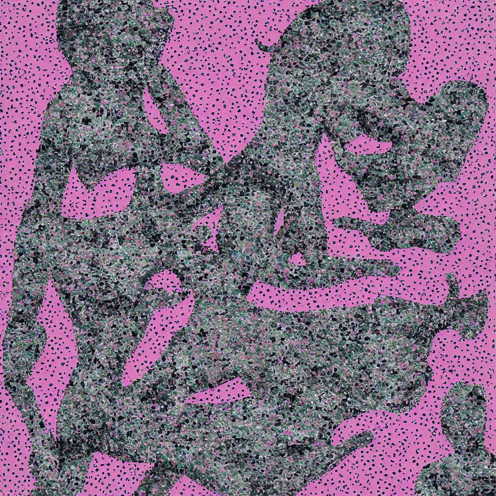 Image similar to camo made of out teeth, smiling, abstract, maya bloch artwork, pink convertible, do hoang tuong artwork, cryptic, dots, stipple, lines, splotch, concrete, color tearing, pitch bending, faceless people, tribal, dark, ominous, eerie, minimal, points, technical, painting