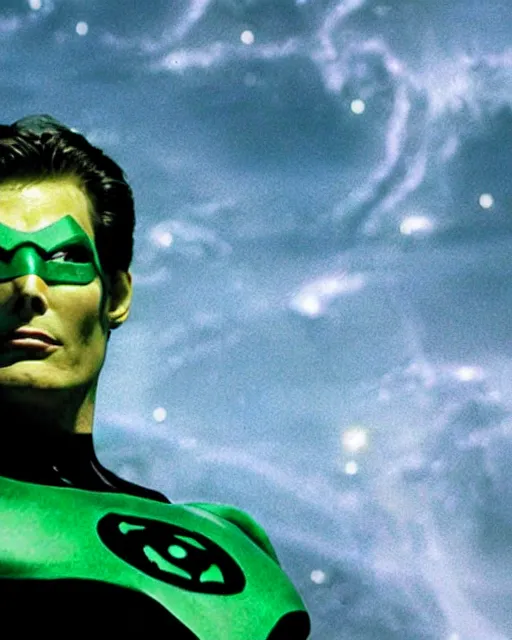 Prompt: photograph of actor Christoper Reeve dressed as a Green Lantern, lounging by an infinity pool on a mystical Alien planet with voluminous purple clouds, Sunny Day