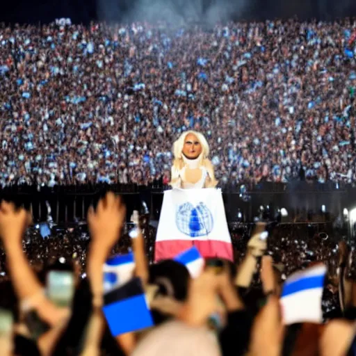 Image similar to Lady Gaga as president, Argentina presidential rally, Argentine flags behind, bokeh, giving a speech, detailed face, Argentina