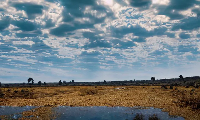 Image similar to panorama of big raindrops flying upwards into the perfect cloudless blue sky from a dried up river in a desolate land, dead trees, blue sky, hot and sunny highly-detailed, elegant, dramatic lighting, artstation, 4k, cinematic landscape, photograph by National Geographic