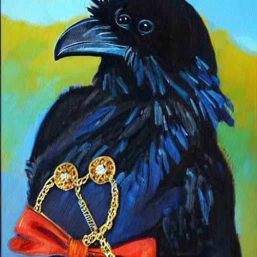 Prompt: impressionist oil painting of a very attractive raven bird wearing a hair bow and necklace