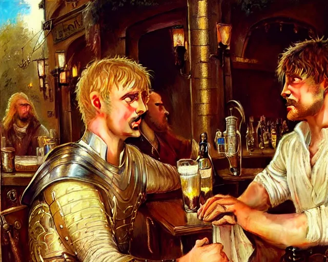 Image similar to attractive arthur pendragon and attractive lancelot go to a pub together to have some drinks. highly detailed painting by gaston bussiere, craig mullins, j. c. leyendecker 8 k