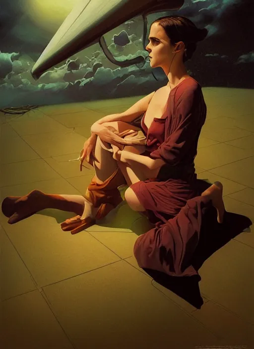 Image similar to poster artwork by Michael Whelan and Tomer Hanuka, Karol Bak of Emma Watson nun, on her knees crying into the sky, from scene from Twin Peaks, clean