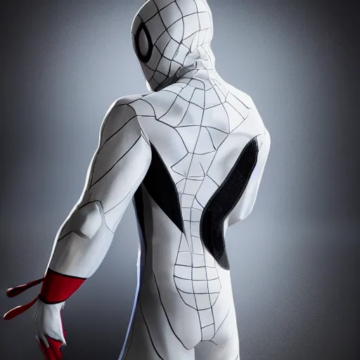 Image similar to white spider - man suit with black web lining, cinematic, volumetric lighting, realistic, hyperdetailed, photorealistic, photograph