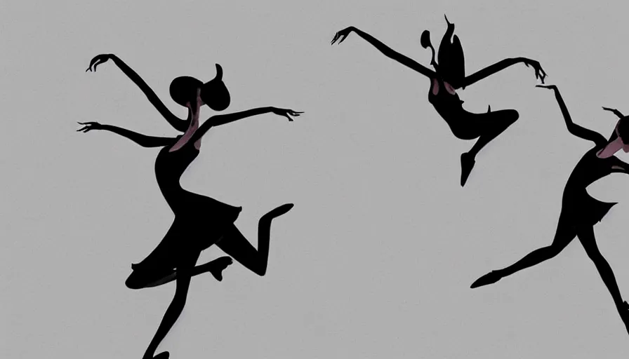 Image similar to a beautiful highly detailed matte painting of black devil ballerinas dancing on stage by atay ghailan, cliff chiang, loish and goro fujita, black, white and pink mystical tones, featured on artstation, featured on behance, grunge aesthetic, spooky