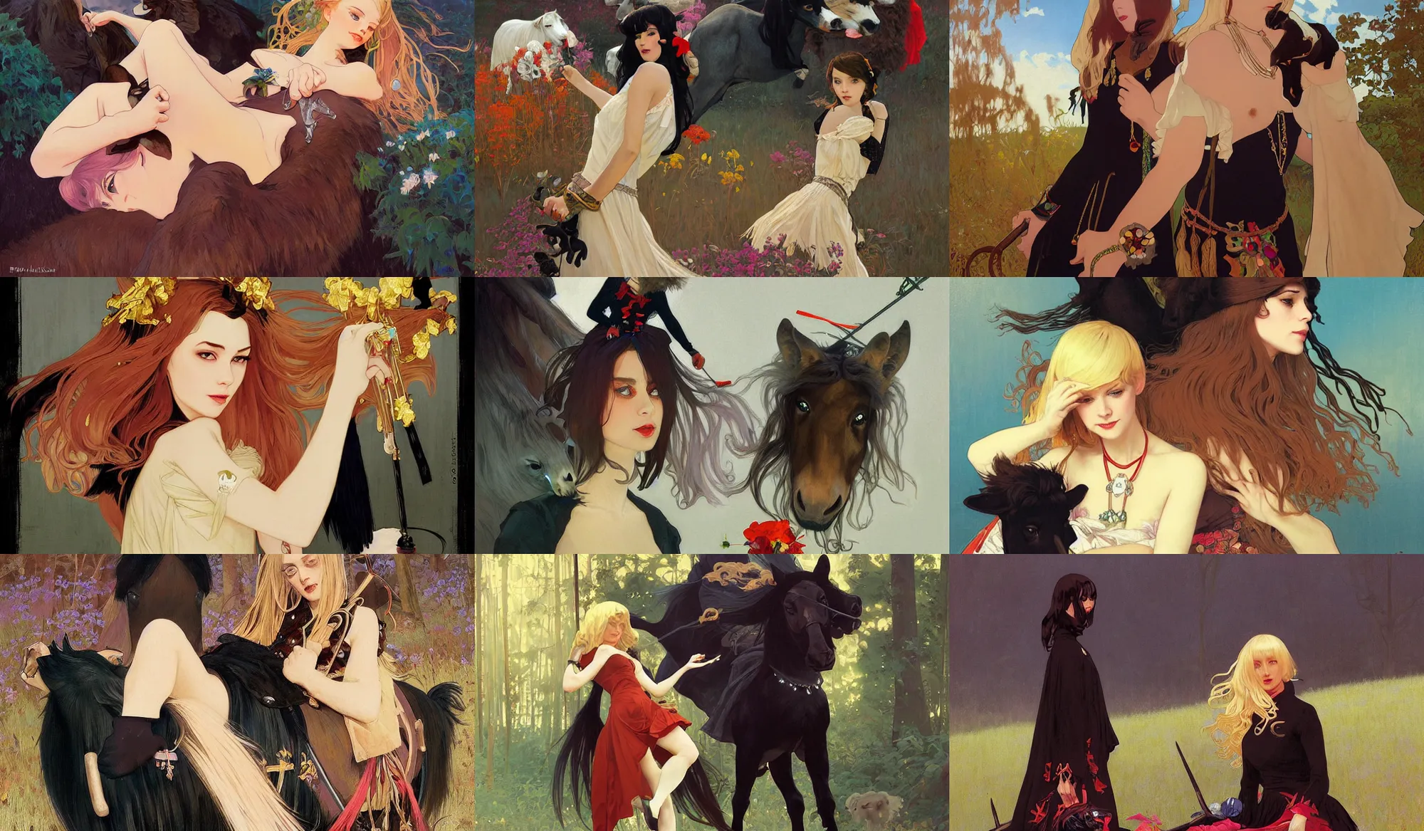 Prompt: pulp art, gorgeous maid, long hair blondie russian girl at witch ritual, wooden jewerly, riding black horse, black dog sheperd, elegant, vibrant, smooth, by ilya kuvshinov, craig mullins, edgar maxence, alphonse mucha, artgerm, sakimichan