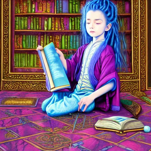 Image similar to a detailed fantasy pastel painting of a young wizard in ornate clothing lounging on a purpur pillow on the marble floor in front of her bookcase, studying an ancient tome. to the side is a potted plant and some blue candles. ancient oriental retrofuturistic setting. 4 k key art in the style yoshitaka amano. anatomically correct