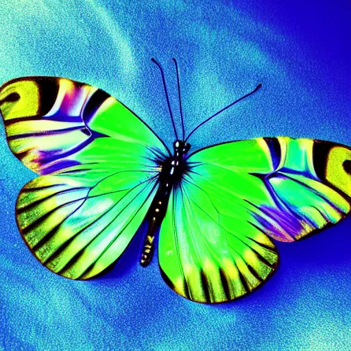 Prompt: an iridescent butterfly. hyper realistic. vibrant. macro. translucent. macro. super detailed. photorealistic.