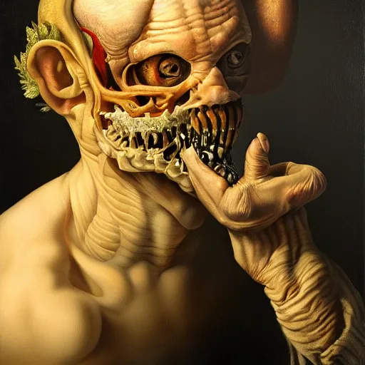 Image similar to refined gorgeous blended oil painting with black background by christian rex van minnen rachel ruysch dali todd schorr of a chiaroscuro portrait of an extremely bizarre disturbing mutated man with shiny skin acne intense chiaroscuro cast shadows obscuring features dramatic lighting perfect composition masterpiece