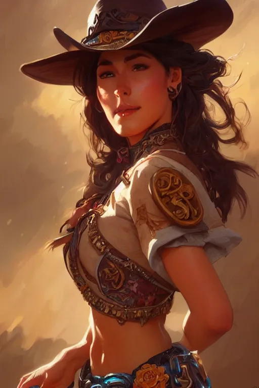 Image similar to beautiful female cowgirl, full body shot, d & d, fantasy, intricate, elegant, highly detailed, digital painting, artstation, concept art, matte, sharp focus, illustration, hearthstone, art by artgerm and greg rutkowski and alphonse mucha