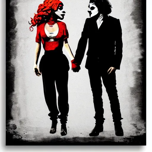 Image similar to mimmo rottela and banksy as joaquin phoenix skinny joker holding hand lady gaga harley queen, very realistic, intricate details, pop art style, concept art, confident, love, random object movement, 3 colours, arstation trending, proportional body, warm color, 4 k, ultra smooth, sharp focus