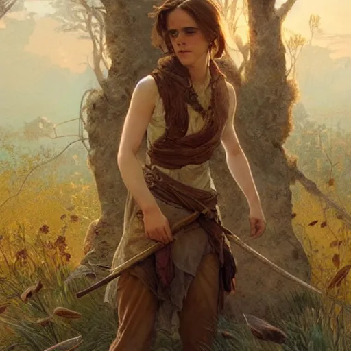 Prompt: Emma watson as a woman in the Paleolithic period, intricate, highly detailed, digital painting, artstation, concept art, sharp focus, illustration, art by greg rutkowski and alphonse mucha