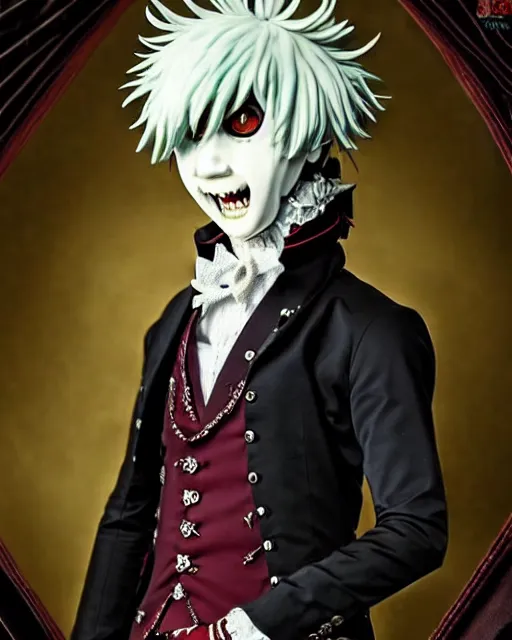 Image similar to tokyo ghoul monster ken kaneki character wearing a beautiful 1 8 th century suit with a tie, rococo style, francois boucher style, highly detailed, very realistic, painterly style