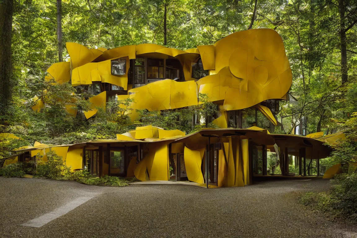 Image similar to a mid century modern house in a forest, designed by Frank Gehry. Tiles. Small gravel driveway . Film grain, cinematic, yellow hue