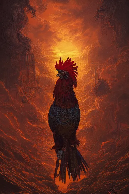 Prompt: a beautiful tarot card artwork of a rooster in armour, horror, backlit, gloomy sky, highly detailed, digital painting, intricate golden threads, by eddie mendoza and greg rutkowski and dan mumford and artgerm, vivid colors, detailed shading, 8 k resolution, intricate, smooth