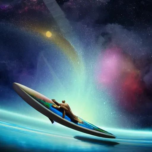 Image similar to photo of a alien surfing a surfboard on a crashing l wave of alien ocean in space, background is an alien galaxy, aliens in the background, alien colors, octane render, unreal engine, wide view, 8 k, high detaild