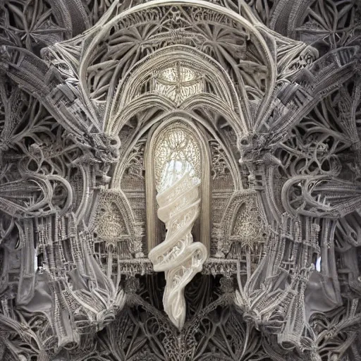 Prompt: a hyperrealistic 3 d render of a delicate ivory sculpture of an ornate detailed cathedral populated by mandelbrot fractals by android jones, micro detail, unreal engine, volumetric lighting, dramatic lighting, psychedelic, octane renderer, catholicpunk, glowing, white color scheme, photorealistic, physically based rendering, angelic, colorful, carved soap, trending on cgsociety