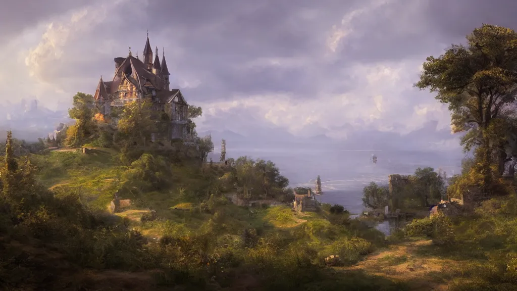 Prompt: castle sitting by the seaside with rolling hills and a small village by eugene von guerard, ivan shishkin, dramatic lighting, concept art, trending on artstation, 8 k
