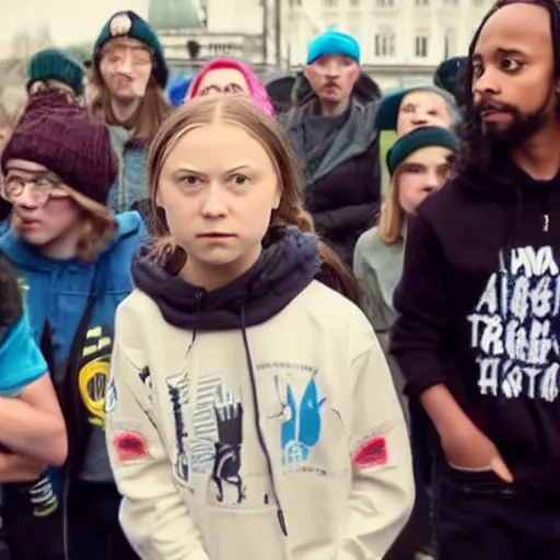 Prompt: greta thunberg hip hop rap battle video still,