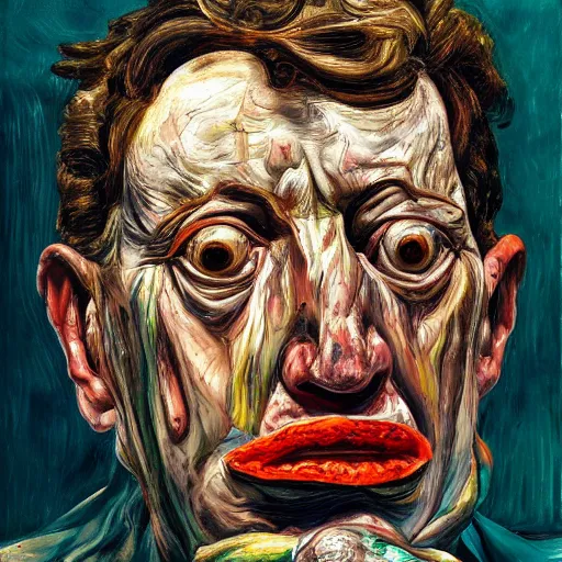 Image similar to high quality high detail painting of a man in agony by lucian freud and jenny saville and francis bacon, hd, anxiety, turquoise and orange