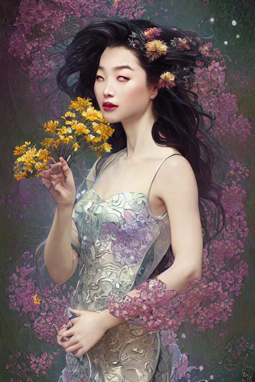 Prompt: portrait of a beautiful woman wearing a cheongsam dress, holding a bouquet of flowing flowers, drenched body, silver hair, emerging from the water, dark fantasy, regal, fractal crystal, fractal gems, by ross tran, stanley artgerm lau, thomas kindkade, alphonse mucha, loish, norman rockwell