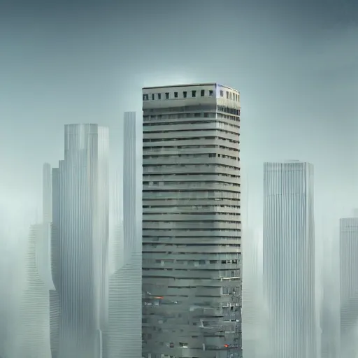 Prompt: singular!!! skyscraper rising alone. lateral view showing the building from top to bottom. dynamic perspective, sharp focus, crisp lines, surrealism, concept art by dom qwek, trending on cg society, neofuturism, futuristic, volumetric lighting, aesthetic. digital matte painting