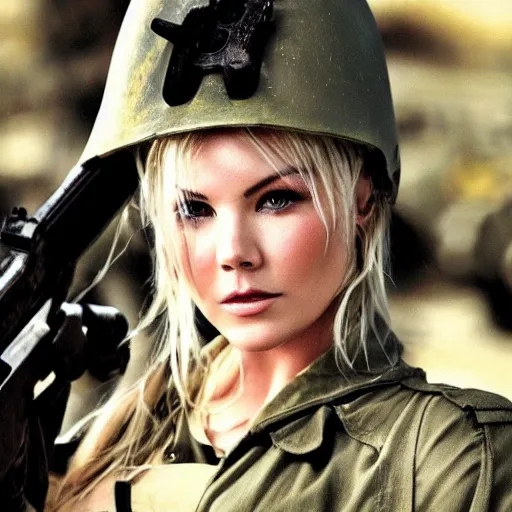 Image similar to elisha cuthbert as a soldier in a scifi battlefield