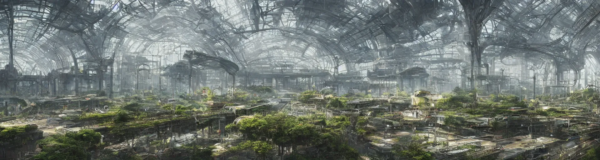 Image similar to lost beautiful overgrown city futuristic fantasy mixed with polluted industrial city airport and train station