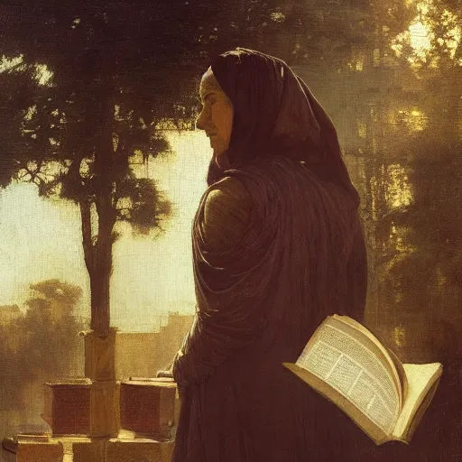 Image similar to half portait of magican wearing a closed cowl with big old book!, jeremy mann, jean leon gerome, tiepolo, alphonse mucha, greg rutkowski, ( ( ruins of ancient rome ) ), at dusk, mysterious atmosphere, sunrays, dof, masterpiece, high detailed, 8 k