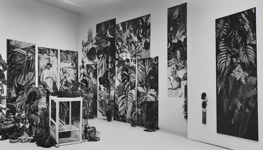 Prompt: a realistic image of an empty space with a display of ethnographic objects, ( ( ( ( ( ( ( tropical plantes ) ) ) ) ) ) ) ) and works by marcel duchamp, sun ra, artifacts, 6 0 s, offset lithography, realistic, black and white