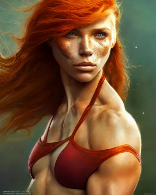 Prompt: muscular female superhero, perfect face, halter top, ginger hair, abs, cinematic, freckles, stunning, cape, athletic, strong, agile, highly detailed, psychedelic, digital painting, artstation, smooth, hard focus, illustration, art by jessica rossier and and brian froud