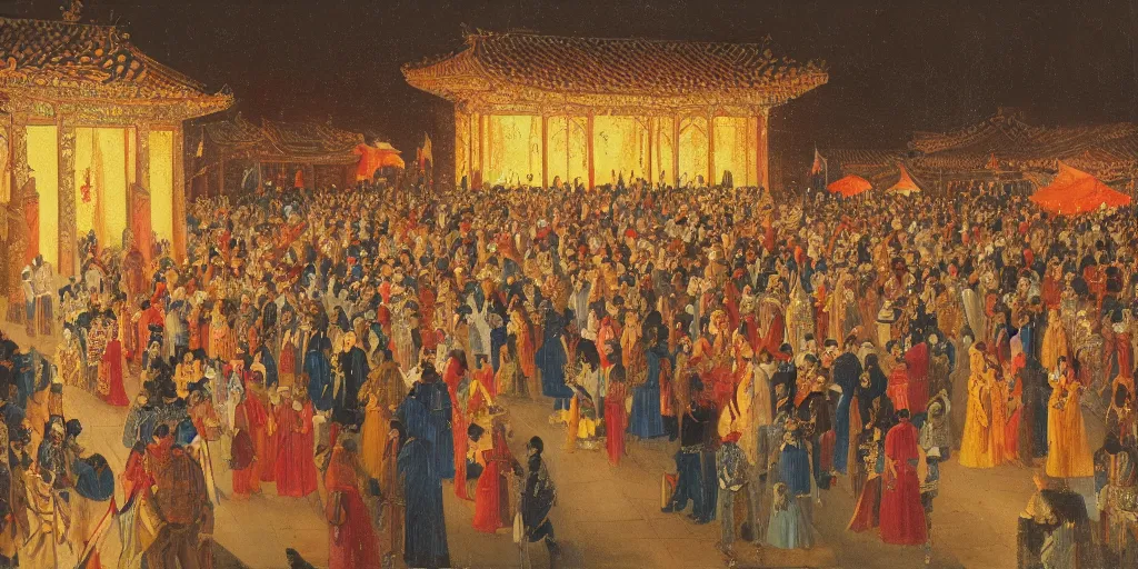 Image similar to night ceremony in the palace, crowd, happy faces, lanterns, detailed, oil - paint