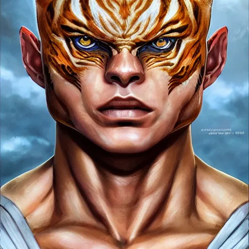 Prompt: a esthetic portrait commission of a muscular antrho albino tiger wearing the superman outfit,hyperdetailed face,character design by charlie bowater,ross tran,artgerm,makoto shibkai,photorealistic,western comic book art,film poster,deviantart,artstation