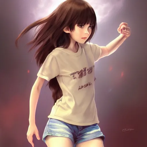 Prompt: Full body, clothed. realistic style at CGSociety by WLOP, Ilya kuvshinov, Krenz Cushart, Greg Rutkowski, trending on artstation. Realistic fantasy cute indigenous brunette Pixar-style young girl, expressing joy, silky hair, wearing a red-sleeved white t-shirt with jeans, she has fire powers, Cinematic dramatic atmosphere of a mystic forest, sharp focus, soft volumetric studio lighting.