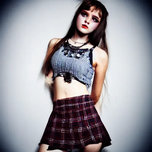 Image similar to gothic teen girl in plaid mini skirt and crop top, intricate, extremely detailed, modeling photography, 8 0 mm camera, dramatic lighting