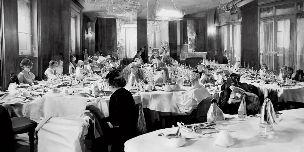 Image similar to detailed sharp photograph in the style of popular science circa 1 9 5 5 and gregory crewdson of a 1 9 5 0 s of an elderly woman wearing a mink stole and pearls with a white bouffant hairdo sitting at a banquet table. 7 5 mm lens