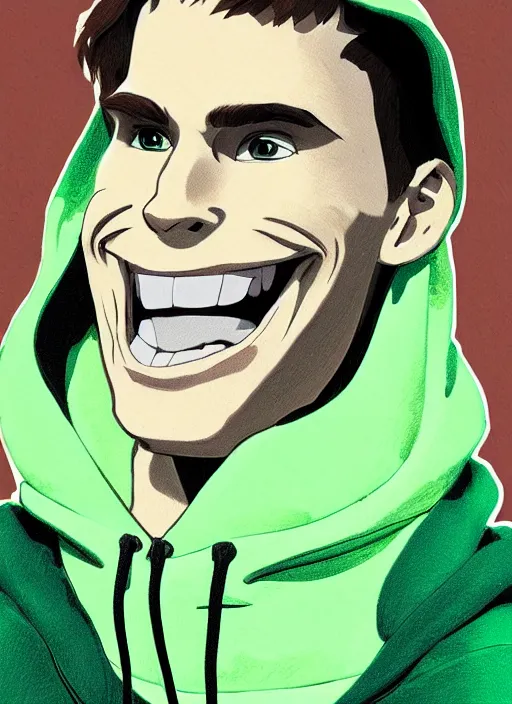 Image similar to jerma wearing a green hoodie and smiling with glowing white teeth, path traced, highly detailed, high quality, digital painting, by studio ghibli and alphonse mucha, leesha hannigan, makoto shinkai, disney