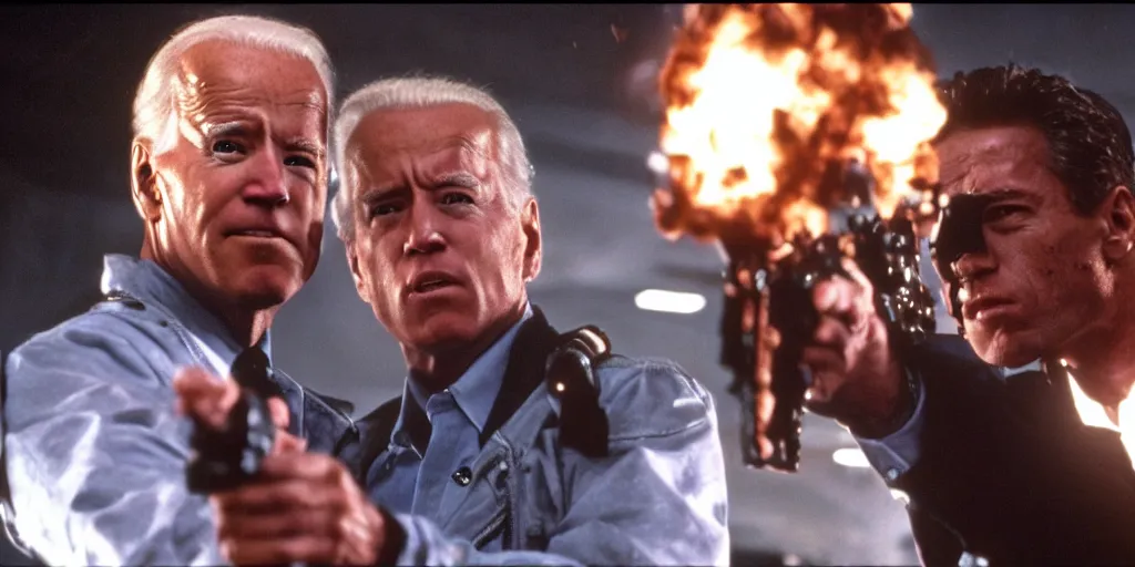 Prompt: joe biden in the terminator shooting terminator donald trump, cinematic, two characters, highly detailed, photorealistic, cinematic lighting, James Cameron,