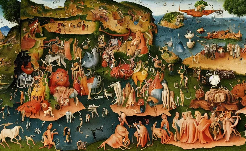 Image similar to Extremely detailed, intricate painting in style of Hieronim Bosch showing a symbiosis of Humans and nature.