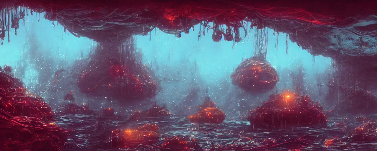 Image similar to ” underwater otherwordly landscape, [ cables, pods, deepsea, cinematic, detailed, epic, widescreen, opening, establishing, mattepainting, photorealistic, realistic textures, octane render, art by slop and paul lehr ] ”