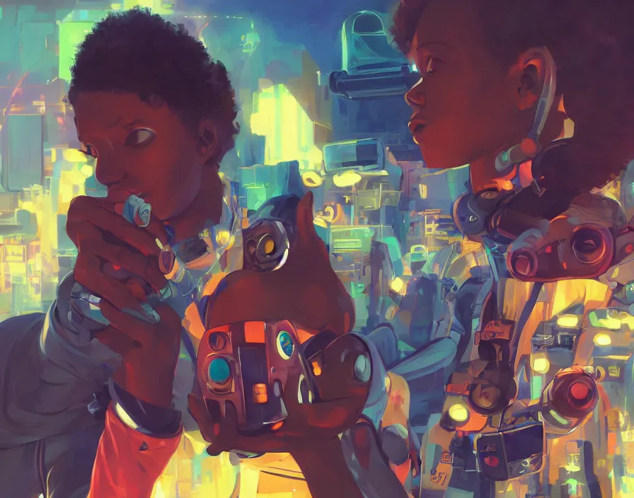 Prompt: afro - futuristic gamers, game consoles and joysticks, hacking the multiverse of gaming | hyperrealistic oil painting | by makoto shinkai, ilya kuvshinov, lois van baarle, rossdraws | afrofuturism, in the style of ernie barnes, trending on artstation | dark color scheme