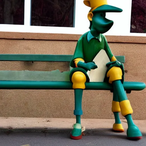 Image similar to pinocchio stuck on a bench with the long nose