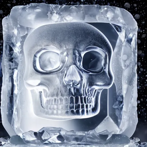 Image similar to a crystal skull inside a block of ice, high detail, 8 k, hd,